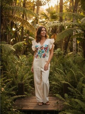 New Women's Cream Hand Embroidered Jumpsuit with Floral Detail Cotton
